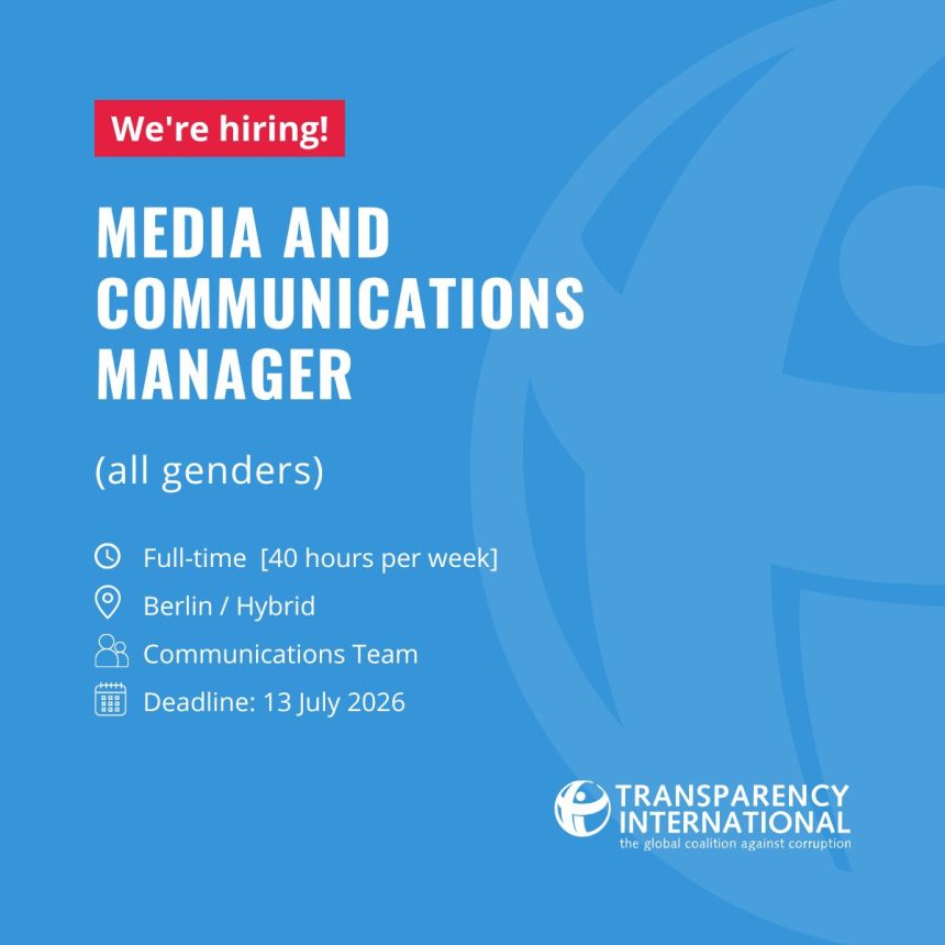 Apply for the Media and Communications Manager role at Transparency International in Berlin. Salary - EUR 55,600 – 75,000 gross/year