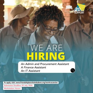 Friendship Bench Zimbabwe Vacancies Open for Admin & Procurement Assistant, Finance Assistant and IT Assistant Roles