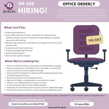 Apply for the Office Orderly vacancy at the Zimbabwe Association of Church-Related Hospitals