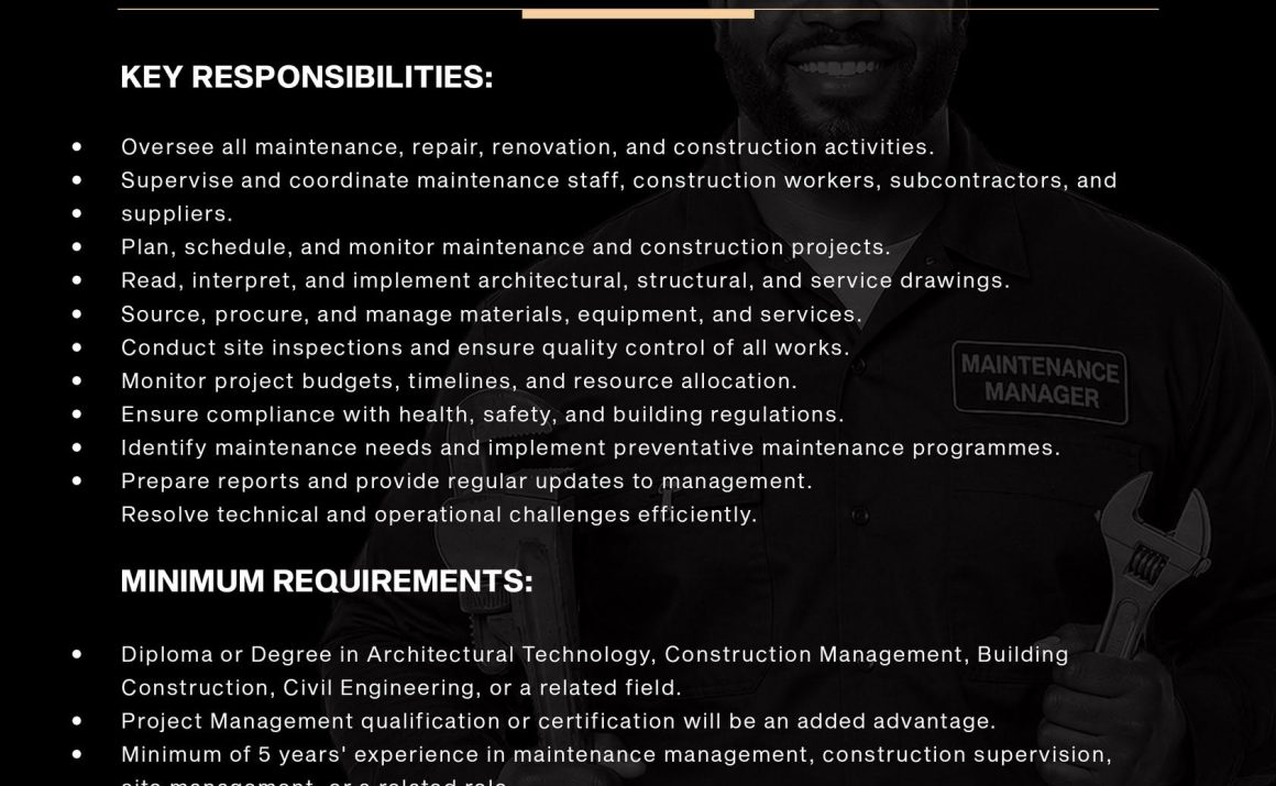 Apply for the Grand Homes Maintenance Manager vacancy in Zimbabwe.