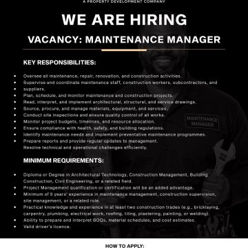 Apply for the Grand Homes Maintenance Manager vacancy in Zimbabwe.