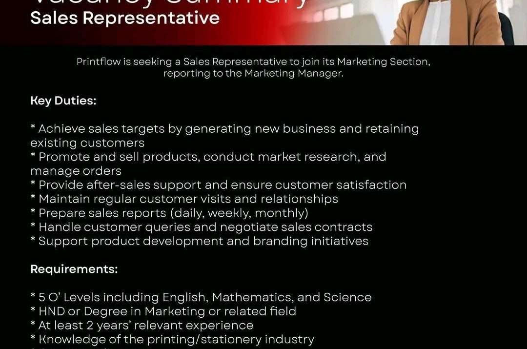 Apply for the Printflow Sales Representative vacancy in Harare.