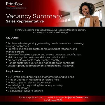 Apply for the Printflow Sales Representative vacancy in Harare.