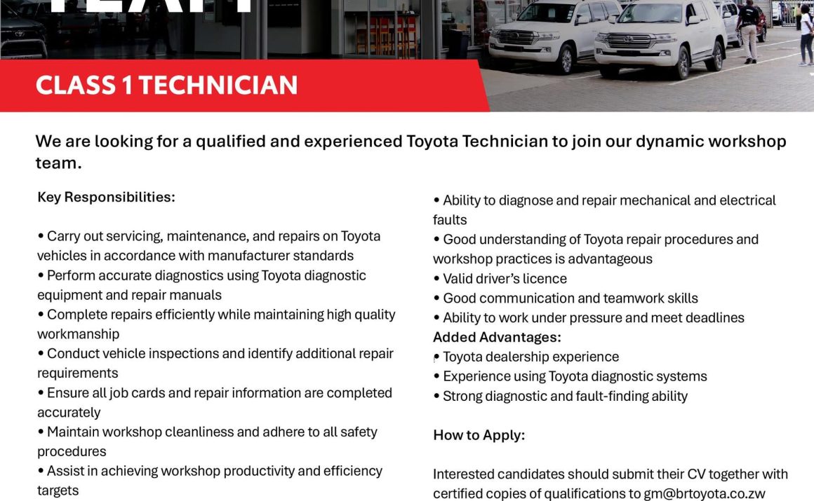 📊 Workshop Operations & Technical Careers: BR Toyota mechanic jobs Zimbabwe Class 1 Technician Vacancy