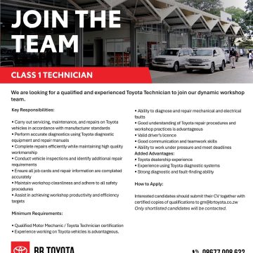 📊 Workshop Operations & Technical Careers: BR Toyota mechanic jobs Zimbabwe Class 1 Technician Vacancy