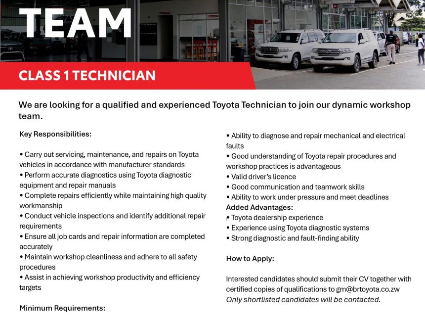 📊 Workshop Operations & Technical Careers: BR Toyota mechanic jobs Zimbabwe Class 1 Technician Vacancy