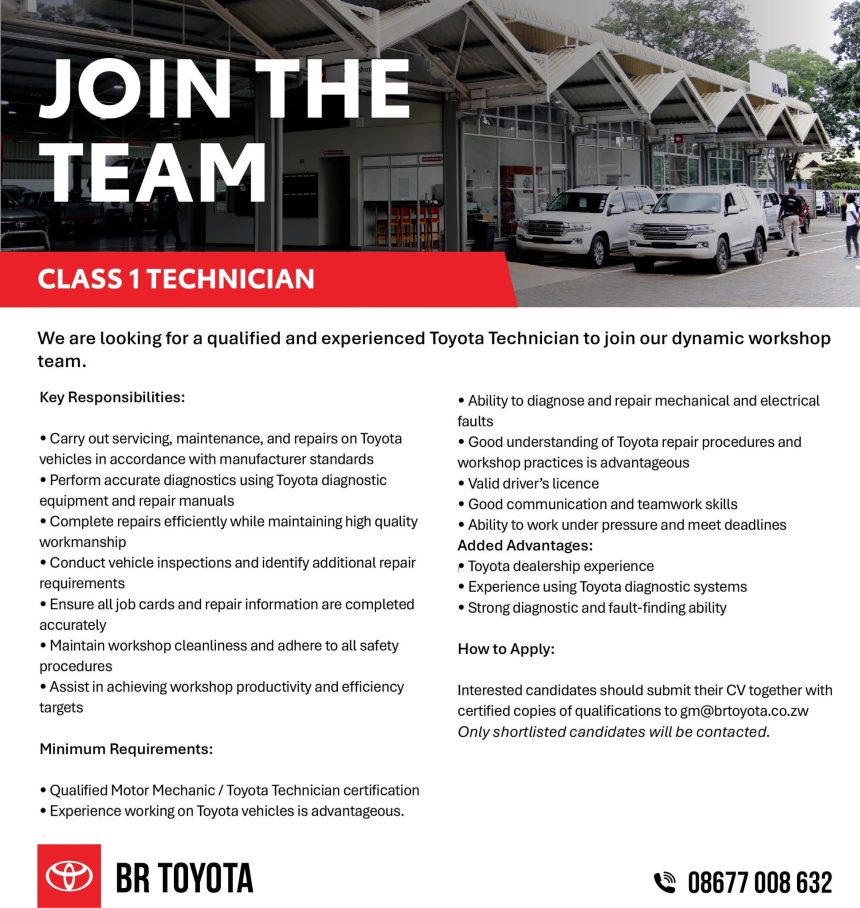 📊 Workshop Operations & Technical Careers: BR Toyota mechanic jobs Zimbabwe Class 1 Technician Vacancy