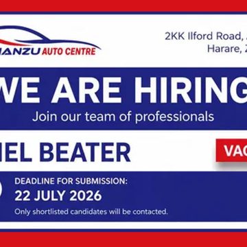 Open applications for the position of Ihanzu Auto Centre Panel Beater at its workshop in Harare