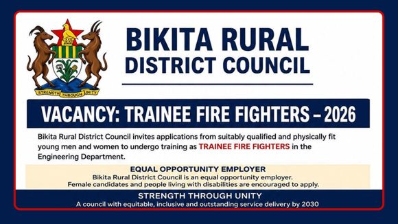 Apply for the Bikita Rural District Council vacancies for Trainee Fire Fighters (Grade 3).