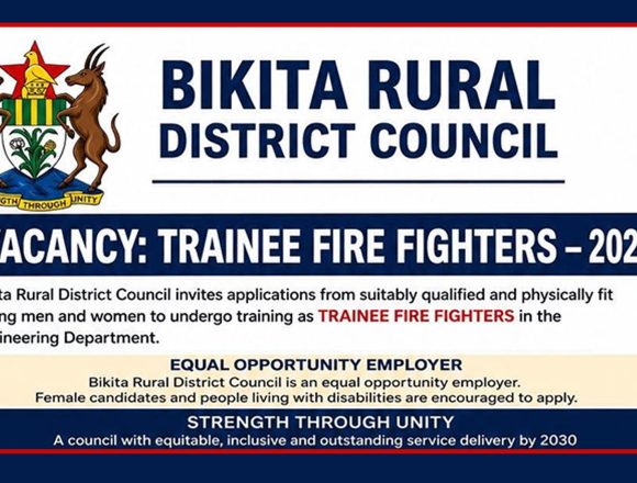 Apply for the Bikita Rural District Council vacancies for Trainee Fire Fighters (Grade 3).