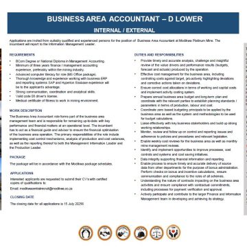 Apply for the Business area Accountant role at Modikwa Platinum Mine.