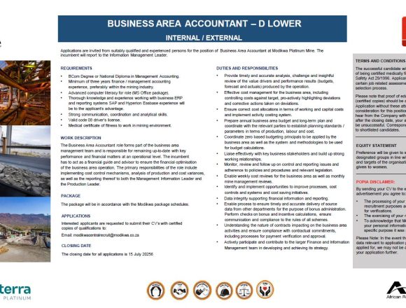 Apply for the Business area Accountant role at Modikwa Platinum Mine. Apply for the Business area Accountant role at Modikwa Platinum Mine.