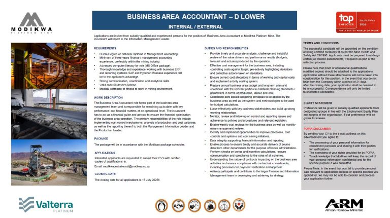 Apply for the Business area Accountant role at Modikwa Platinum Mine.