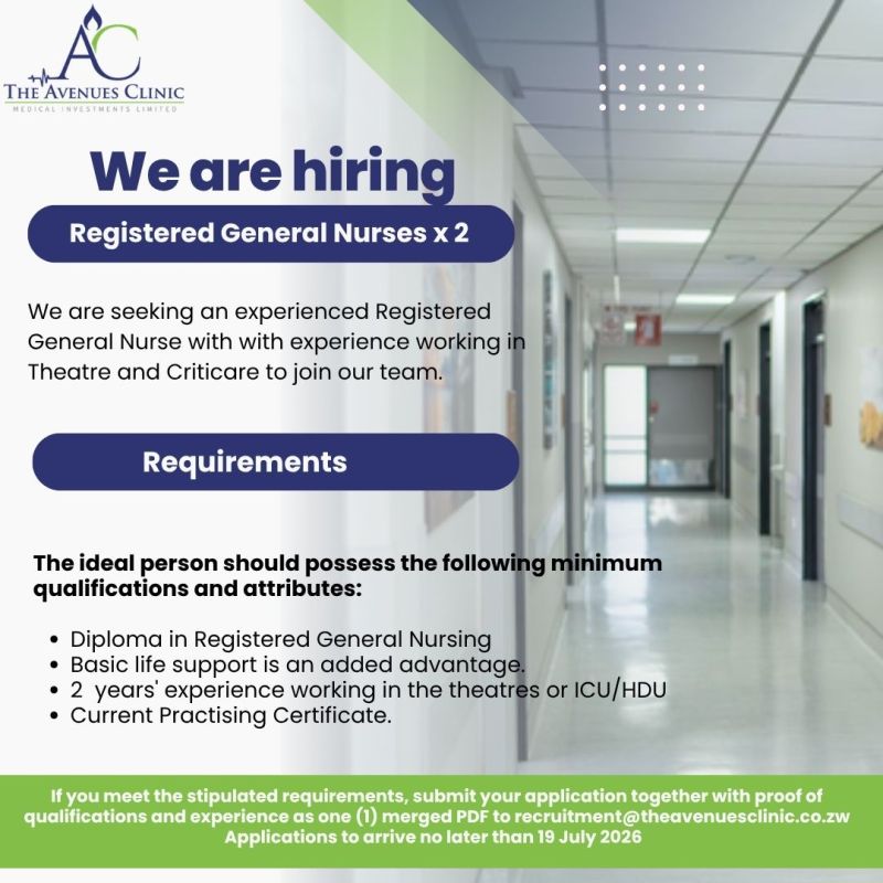 Apply for Registered General Nurses vacancies at The Avenues Clinic in Harare.