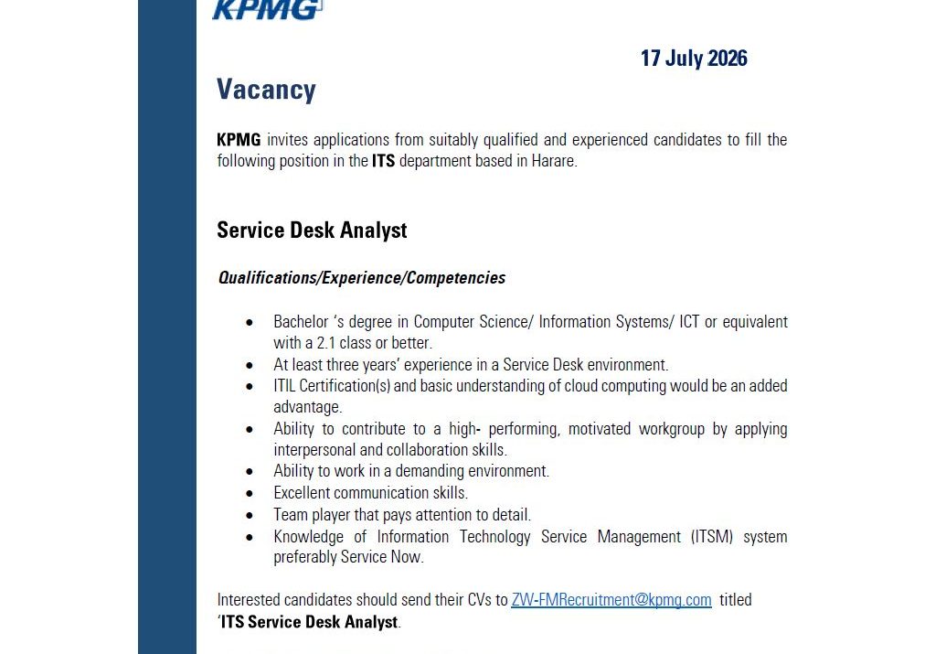 Apply for the Service Desk Analyst vacancy at KPMG Zimbabwe