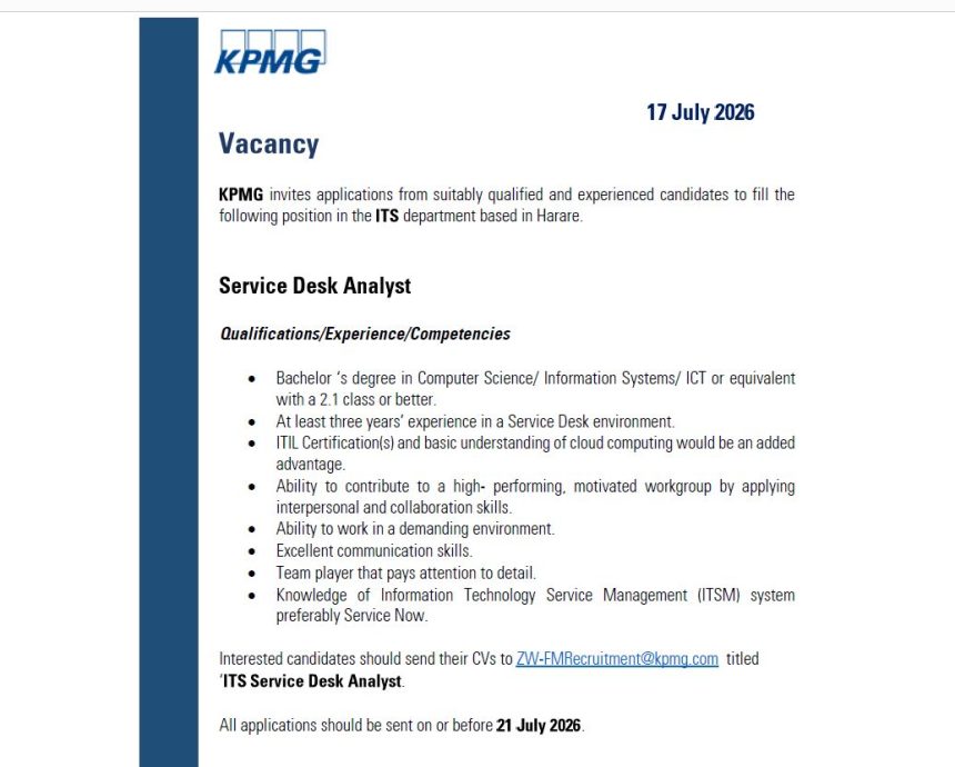 Apply for the Service Desk Analyst vacancy at KPMG Zimbabwe