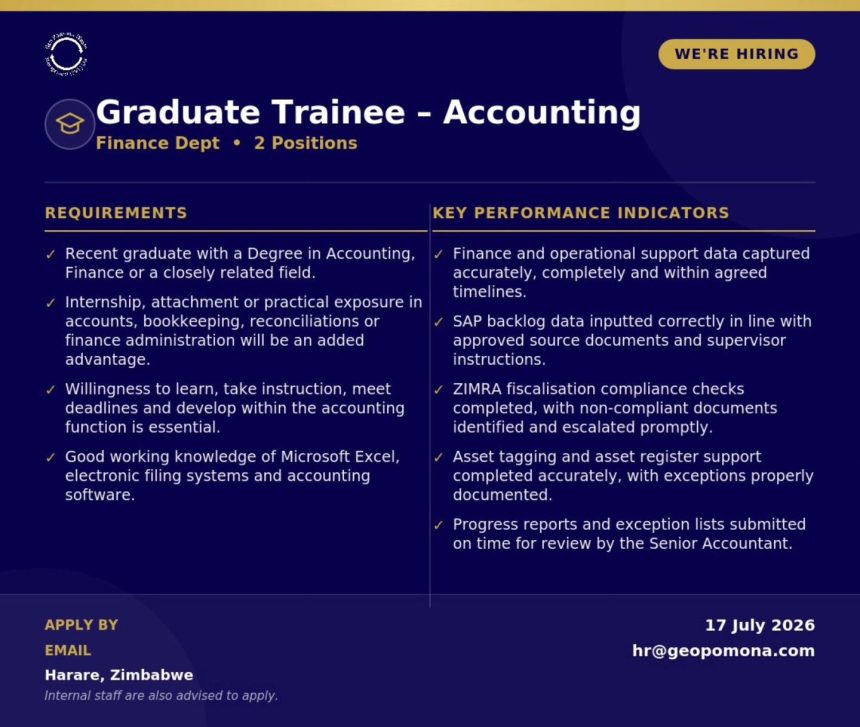 Geo Pomona Accounting Graduate Trainees Vacancy in Harare Geo Pomona Accounting Graduate Trainees Vacancy in Harare