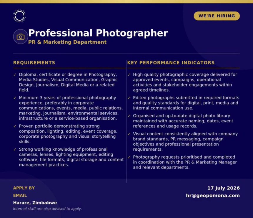 Geo Pomona Professional Photographer Vacancy in Harare