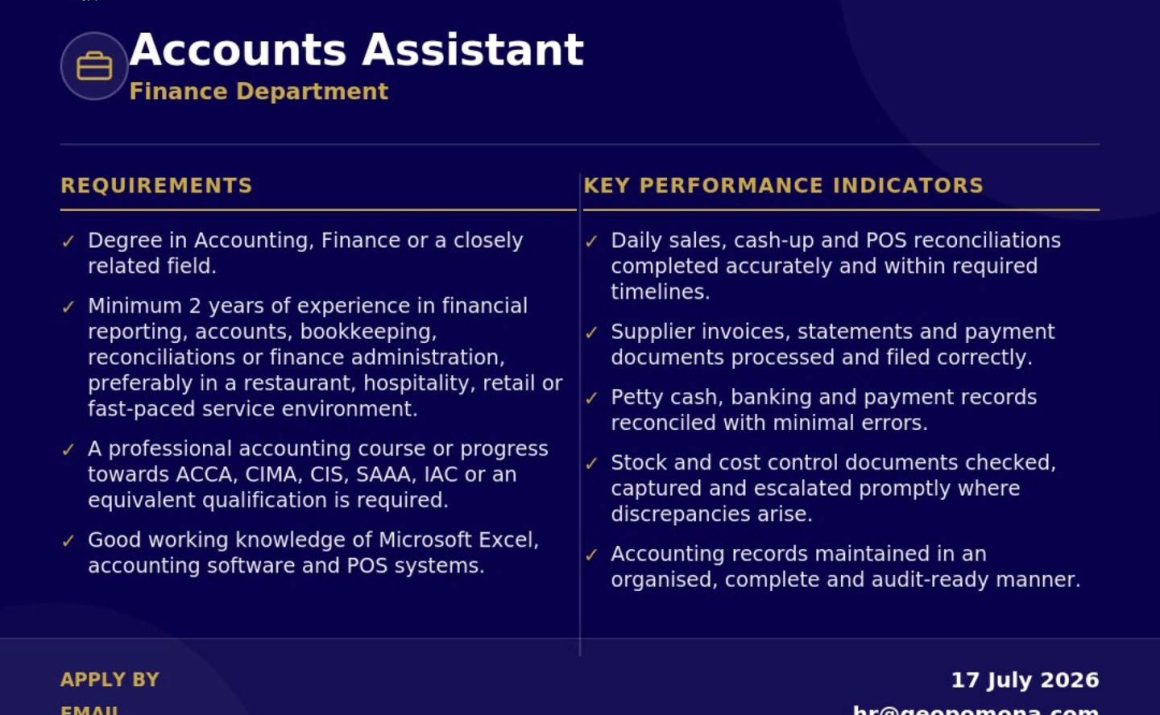 Accounts Assistant Finance Vacancy in Harare | Apply by 17 July 2026