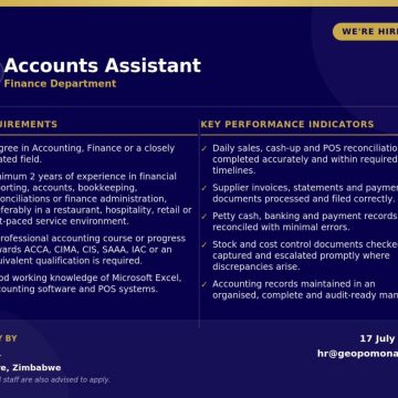 Accounts Assistant Finance Vacancy in Harare | Apply by 17 July 2026