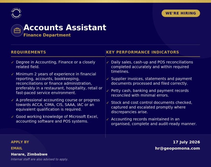 Accounts Assistant Finance Vacancy in Harare | Apply by 17 July 2026