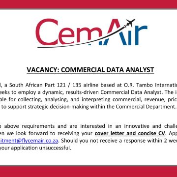 Apply for the CemAir Commercial Data Analyst revenue, sales, and pricing data in aviation vacancy in Johannesburg.