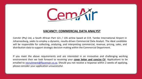 Apply for the CemAir Commercial Data Analyst revenue, sales, and pricing data in aviation vacancy in Johannesburg.