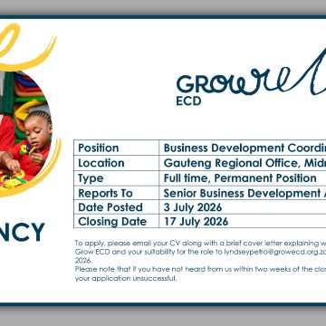 Apply for the ECD Business Development Coordinator vacancy at Grow ECD in Midrand Apply for the ECD Business Development Coordinator vacancy at Grow ECD in Midrand
