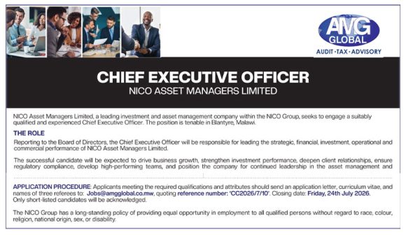 Apply for the Chief Executive Officer vacancy at NICO Asset Managers Limited in Blantyre, Malawi