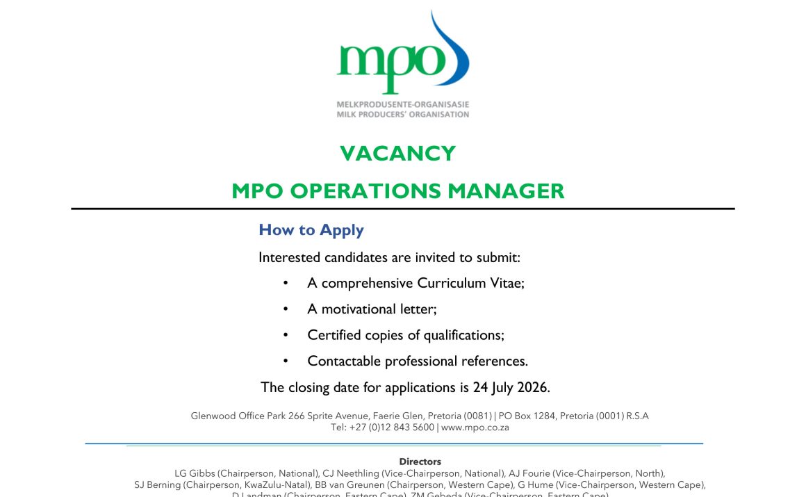 Apply for the MPO Operations Manager vacancy at the Milk Producers' Organisation in Pretoria.