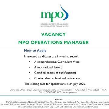 Apply for the MPO Operations Manager vacancy at the Milk Producers' Organisation in Pretoria.