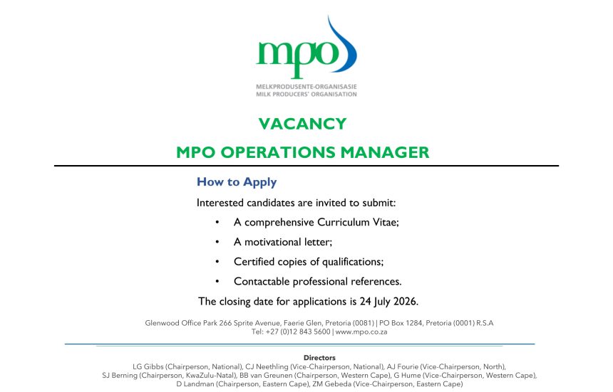 Apply for the MPO Operations Manager vacancy at the Milk Producers' Organisation in Pretoria.