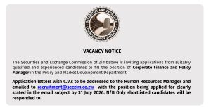Apply for the Corporate Finance and Policy Manager position at the Securities and Exchange Commission of Zimbabwe (SECZ)