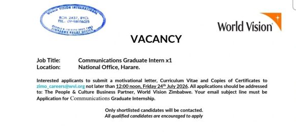 Apply for the Communications Graduate Intern vacancy at World Vision Zimbabwe in Harare